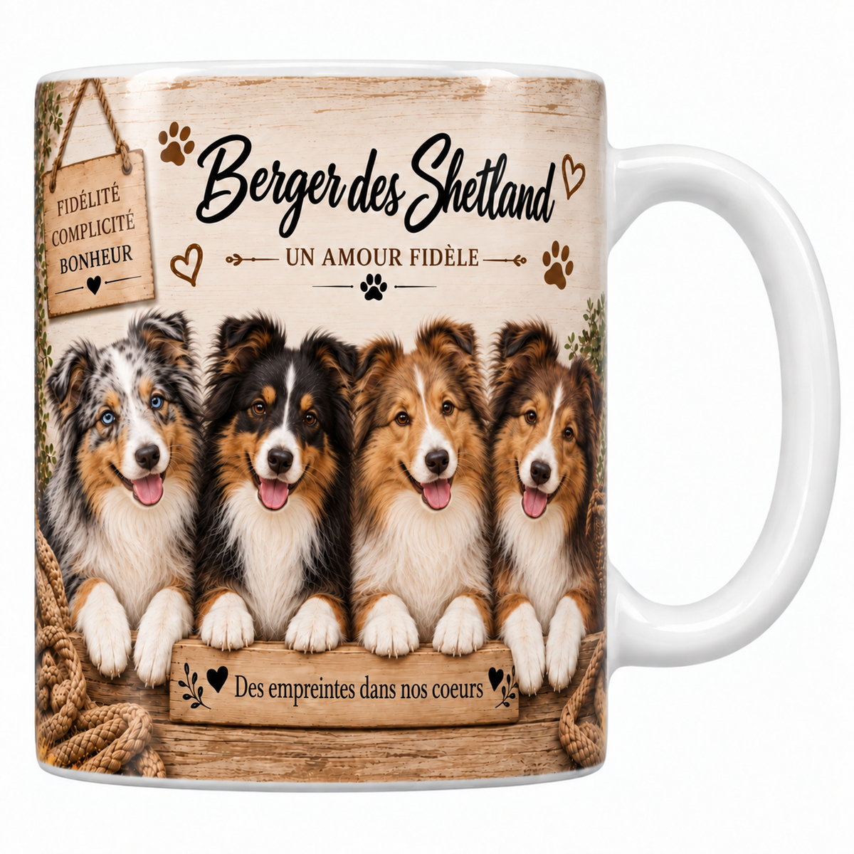 Mug blanc Berger des Shetland aquarelle : quatre chiens zibeline et tricolores à longue collerette derrière une planche de bois gravée, pancarte Fidélité Complicité Bonheur et plaid tressé