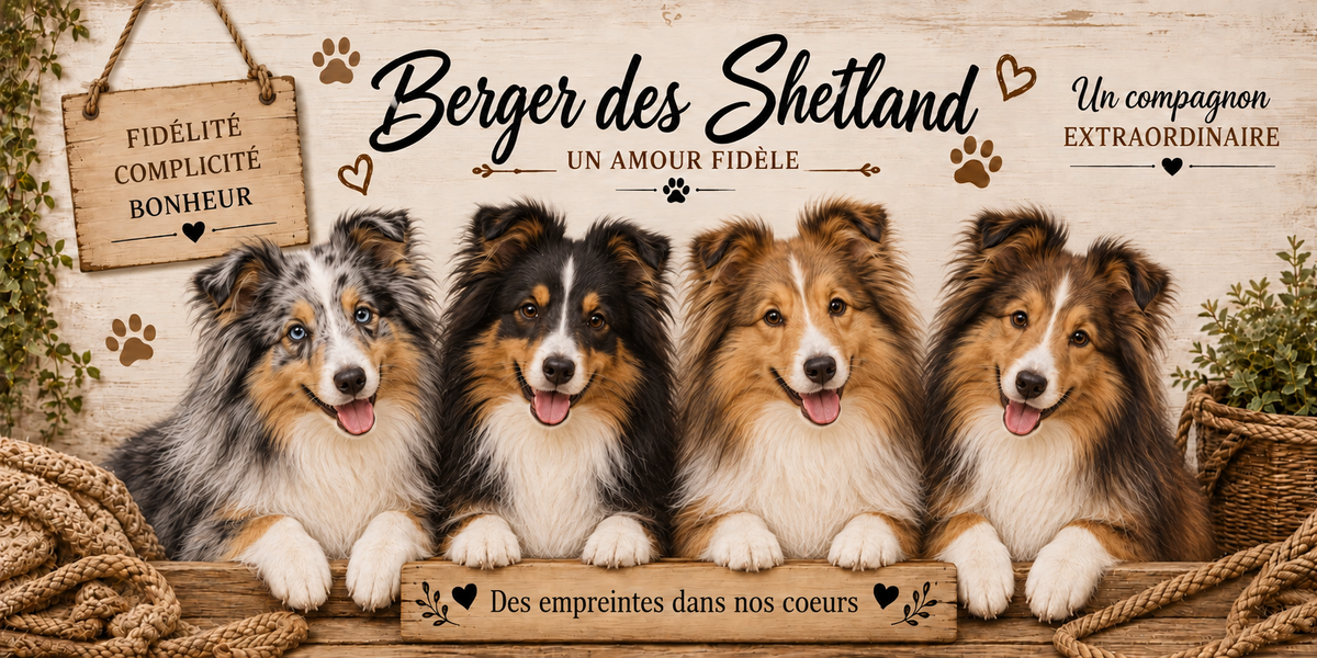 Illustration aquarelle Berger des Shetland : quatre chiens à robes zibeline et tricolore, longue collerette et museau fin, alignés derrière une planche de bois gravée Des empreintes dans nos coeurs, une pancarte suspendue à une corde portant Fidélité Complicité Bonheur, le nom de la race en cursive noire, des empreintes et des coeurs bruns, un plaid tressé et du feuillage sur fond de bois clair