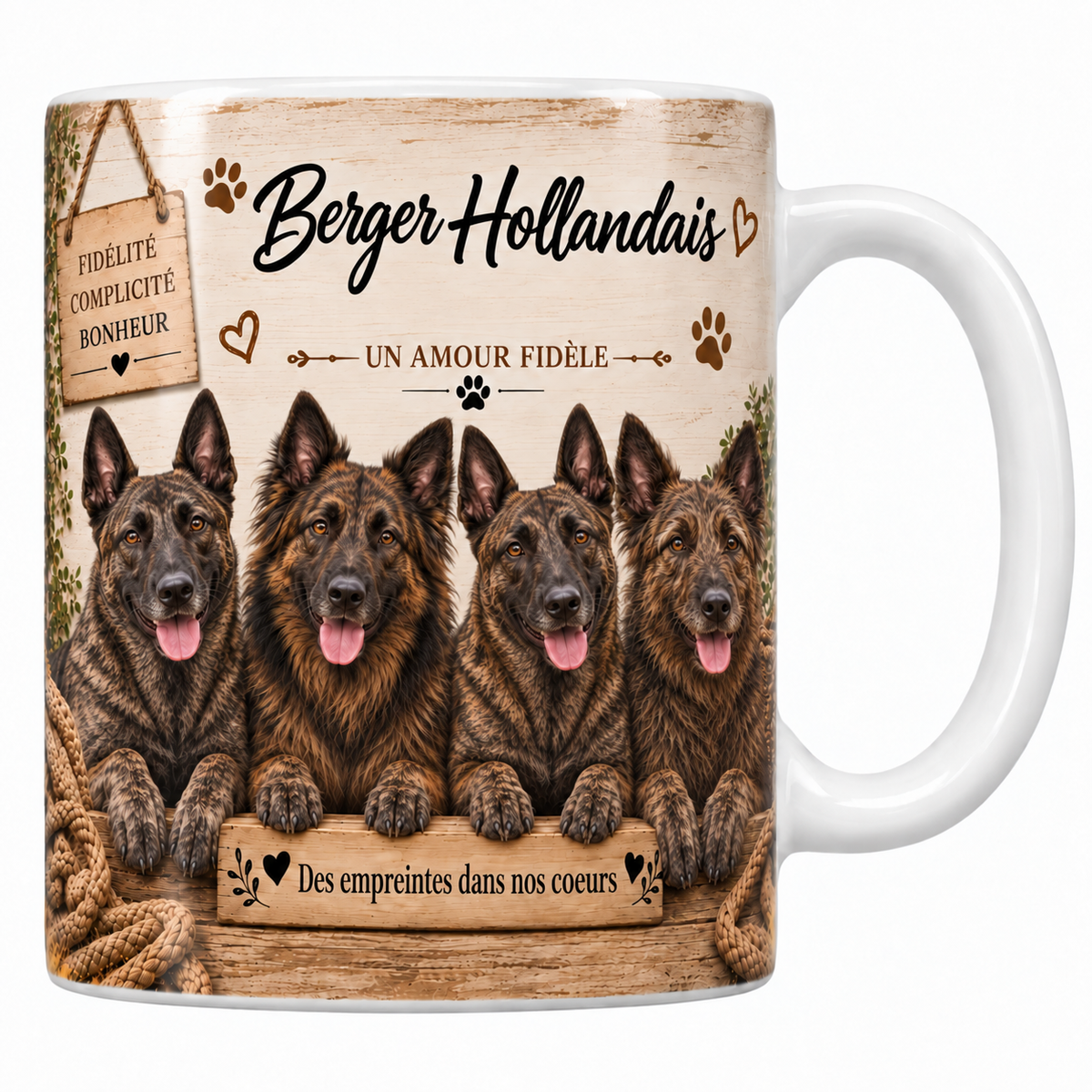 Mug blanc Berger hollandais aquarelle : quatre chiens bringés au masque sombre et aux oreilles droites derrière une planche de bois gravée, pancarte Fidélité Complicité Bonheur et panier d'osier
