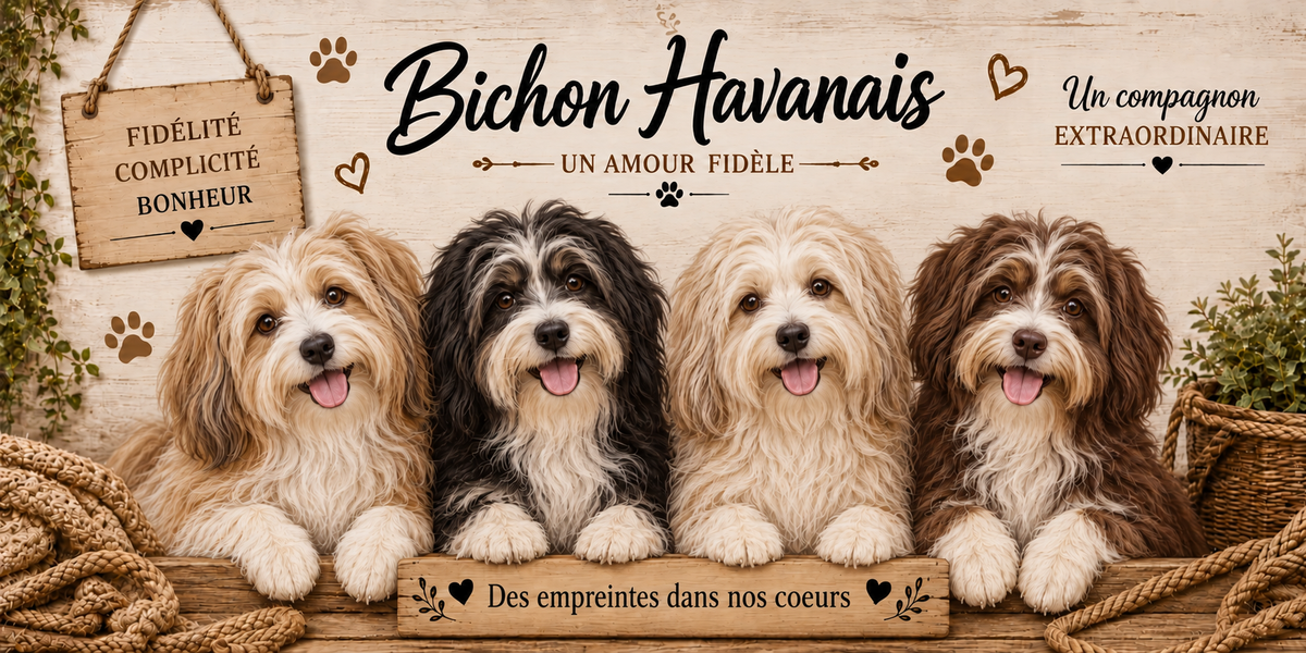 Illustration aquarelle Bichon havanais : quatre petits chiens au poil long et ondulé, nuances de crème, de fauve et de blanc, alignés derrière une planche de bois gravée Des empreintes dans nos coeurs, une pancarte suspendue à une corde portant Fidélité Complicité Bonheur, le nom de la race en cursive noire, des empreintes et des coeurs bruns, un plaid tressé et du feuillage sur fond de bois clair