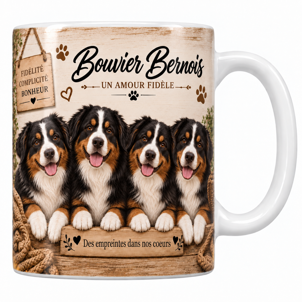 Mug blanc Bouvier bernois aquarelle : quatre chiens tricolores à la croix blanche sur le poitrail derrière une planche de bois gravée, pancarte Fidélité Complicité Bonheur et plaid tressé