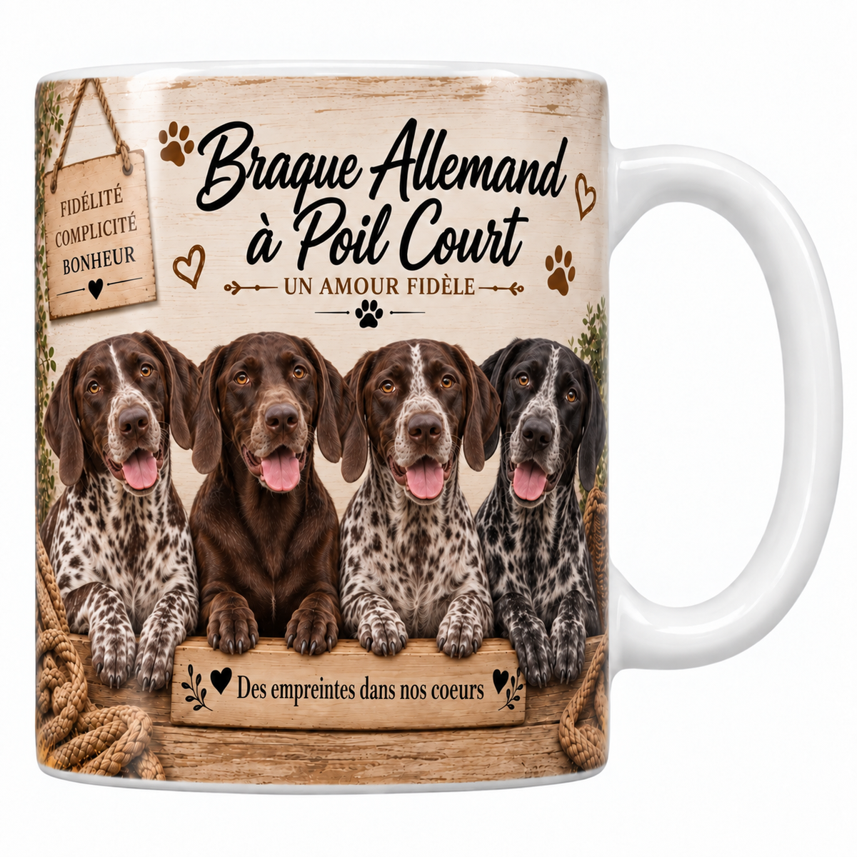 Mug blanc Braque allemand à poil court aquarelle : quatre chiens marron truités de blanc aux oreilles tombantes derrière une planche de bois gravée, pancarte Fidélité Complicité Bonheur et plaid tressé
