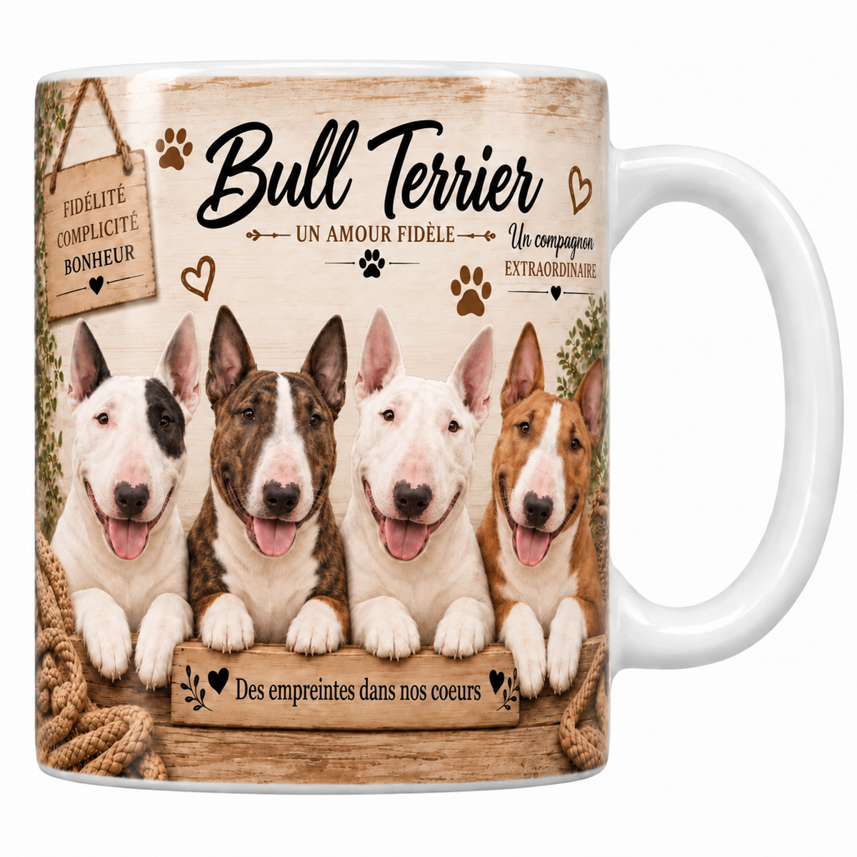Mug blanc Bull terrier aquarelle : quatre chiens à la tête ovoïde, robes blanches et bringées, derrière une planche de bois gravée, pancarte Fidélité Complicité Bonheur et plaid tressé