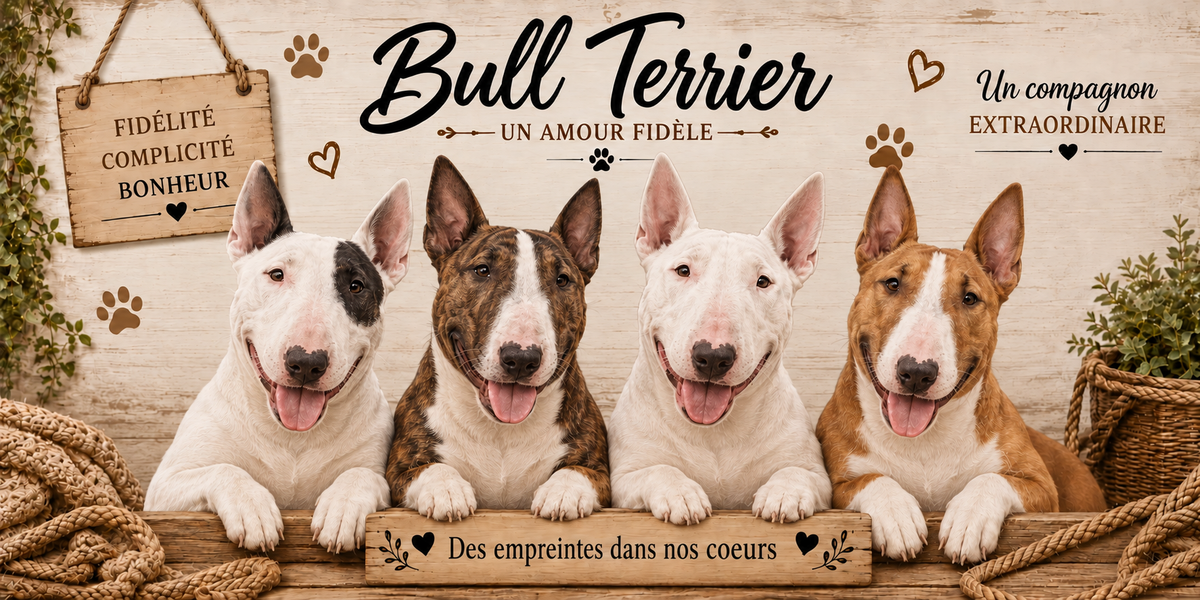 Illustration aquarelle Bull terrier : quatre chiens à la tête ovoïde au profil courbe, robes blanches et bringées, oreilles droites pointues et petits yeux triangulaires, alignés derrière une planche de bois gravée Des empreintes dans nos coeurs, une pancarte suspendue à une corde portant Fidélité Complicité Bonheur, le nom de la race en cursive noire, des empreintes et des coeurs bruns, un plaid tressé et du feuillage sur fond de bois clair