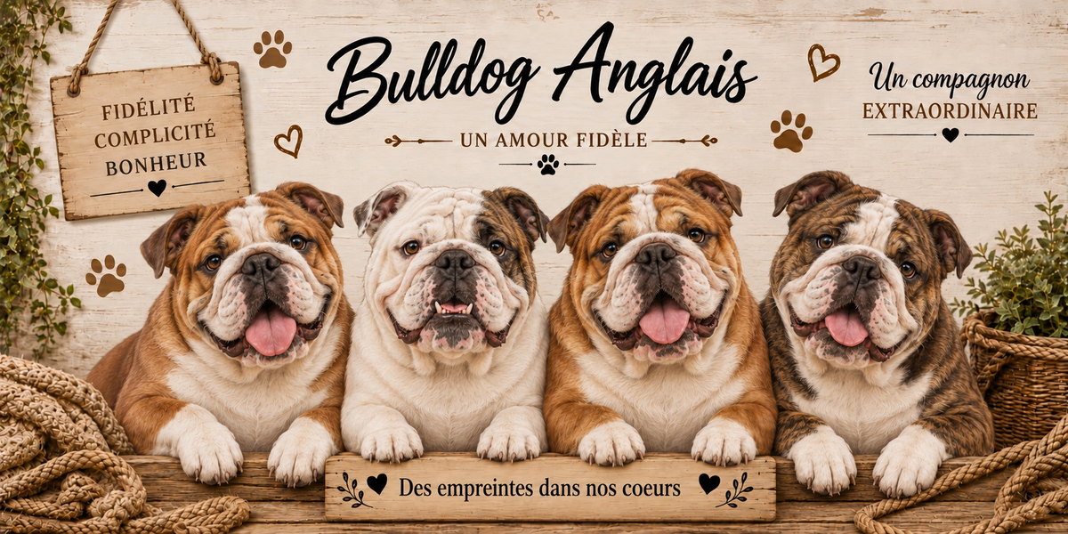 Illustration aquarelle Bulldog anglais : quatre chiens au museau court et plissé, robes fauve et blanche, oreilles en rose et poitrail large, alignés derrière une planche de bois gravée Des empreintes dans nos coeurs, une pancarte suspendue à une corde portant Fidélité Complicité Bonheur, le nom de la race en cursive noire, des empreintes et des coeurs bruns, un plaid tressé, un panier d'osier et du feuillage sur fond de bois clair