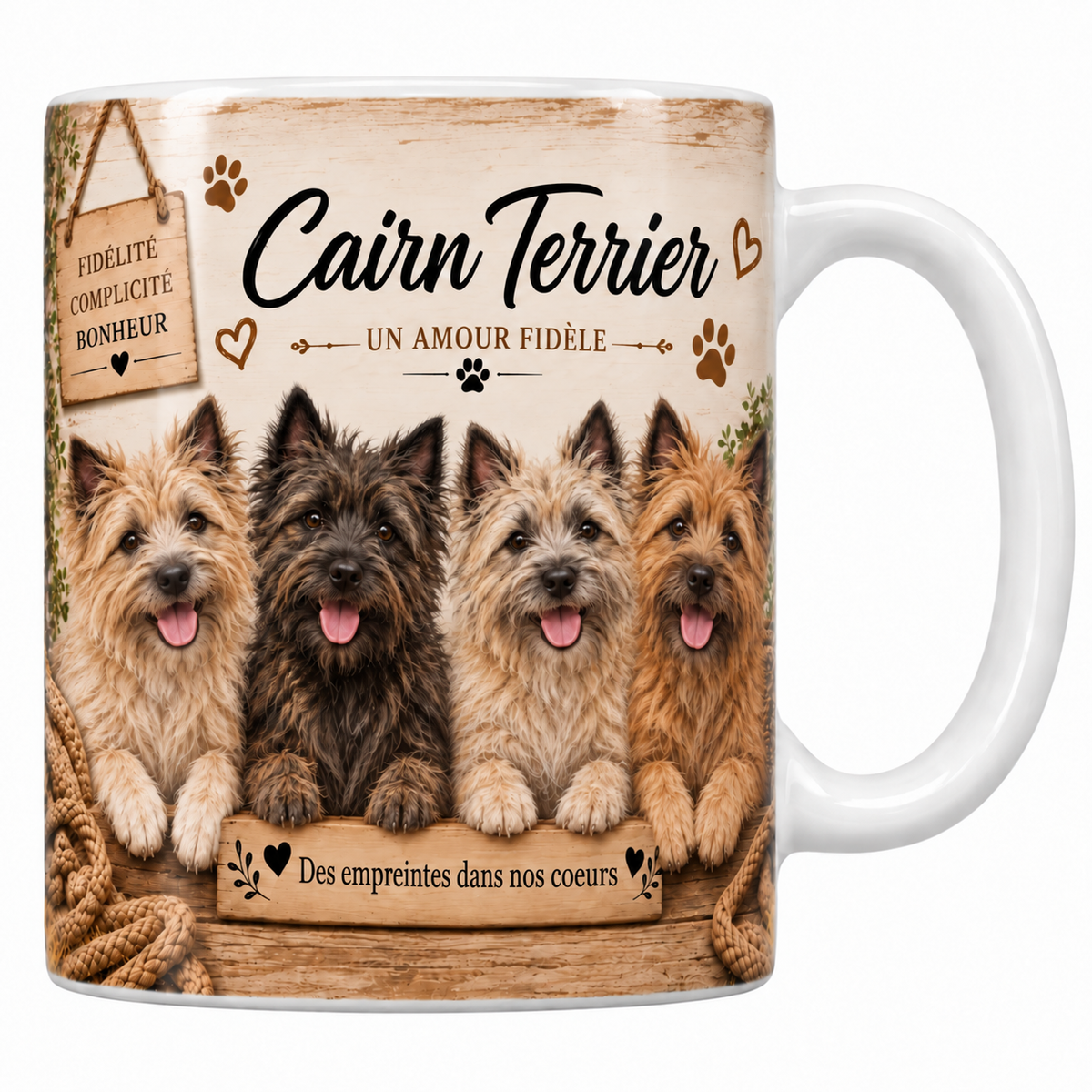 Mug blanc Cairn terrier aquarelle : quatre petits chiens au poil dur ébouriffé froment et gris derrière une planche de bois gravée, pancarte Fidélité Complicité Bonheur et plaid tressé