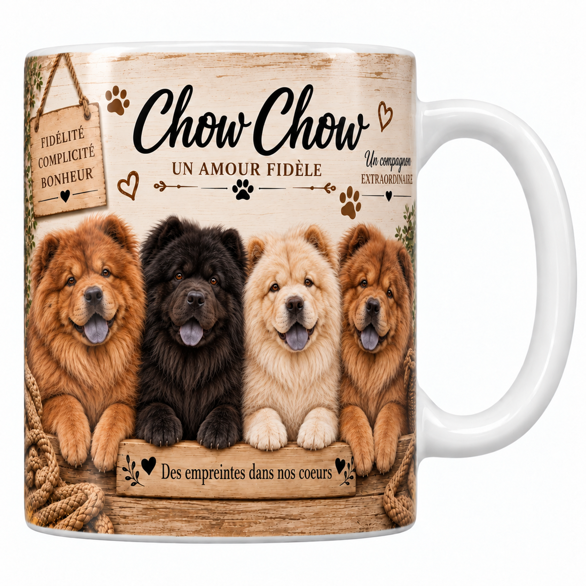 Mug blanc Chow chow aquarelle : quatre chiens à crinière épaisse rousse et crème au museau froncé derrière une planche de bois gravée, pancarte Fidélité Complicité Bonheur et panier d'osier