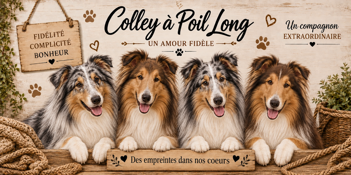Illustration aquarelle Colley à poil long : quatre chiens à robe zibeline et blanche, longue collerette, museau effilé et oreilles à pointe tombante, alignés derrière une planche de bois gravée Des empreintes dans nos coeurs, une pancarte suspendue à une corde portant Fidélité Complicité Bonheur, le nom de la race en cursive noire, des empreintes et des coeurs bruns, un plaid tressé et du feuillage sur fond de bois clair