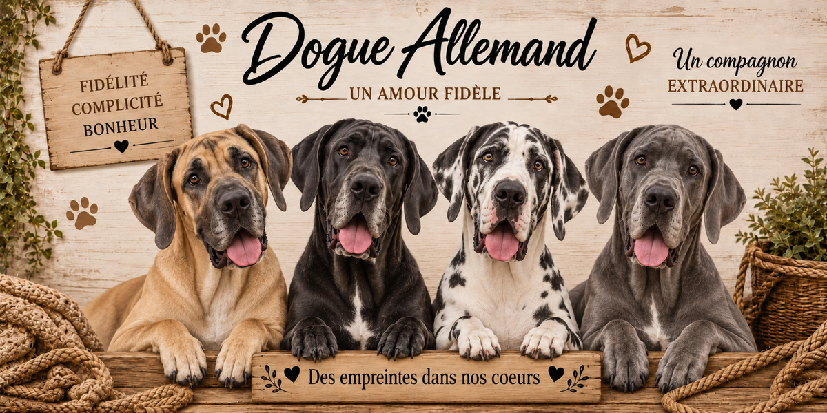 Illustration aquarelle Dogue allemand : quatre chiens à robes fauve, bleue, noire et arlequin tachetée, oreilles tombantes, museaux immenses et silhouettes très hautes, alignés derrière une planche de bois gravée Des empreintes dans nos coeurs, une pancarte suspendue à une corde portant Fidélité Complicité Bonheur, le nom de la race en cursive noire, des empreintes et des coeurs bruns, un plaid tressé, un panier d'osier et du feuillage sur fond de bois clair