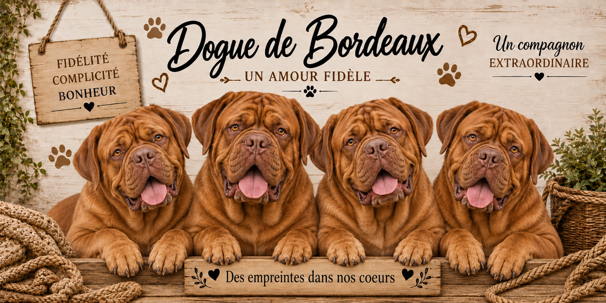 Illustration aquarelle Dogue de Bordeaux : quatre chiens à robe acajou uniforme, tête large et plissée, museau court et babines tombantes, alignés derrière une planche de bois gravée Des empreintes dans nos coeurs, une pancarte suspendue à une corde portant Fidélité Complicité Bonheur, le nom de la race en cursive noire, des empreintes et des coeurs bruns, un plaid tressé et du feuillage sur fond de bois clair