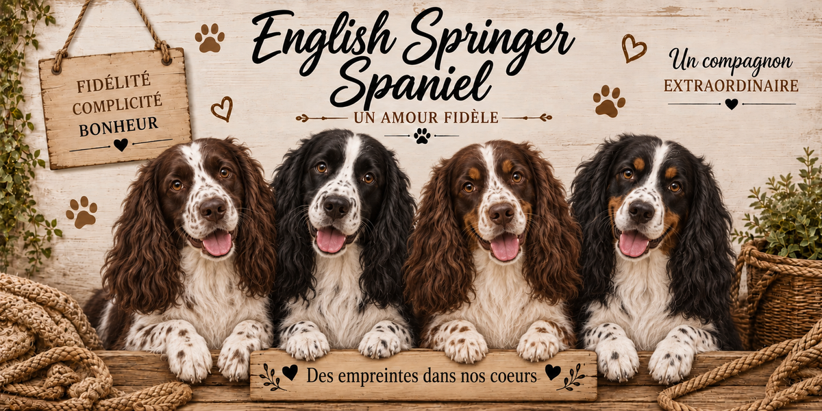 Illustration aquarelle English springer spaniel : quatre chiens à robe blanc et foie, longues oreilles frangées tombantes et regard attentif, alignés derrière une planche de bois gravée Des empreintes dans nos coeurs, une pancarte suspendue à une corde portant Fidélité Complicité Bonheur, le nom de la race en cursive noire, des empreintes et des coeurs bruns, un plaid tressé, un panier d'osier et du feuillage sur fond de bois clair