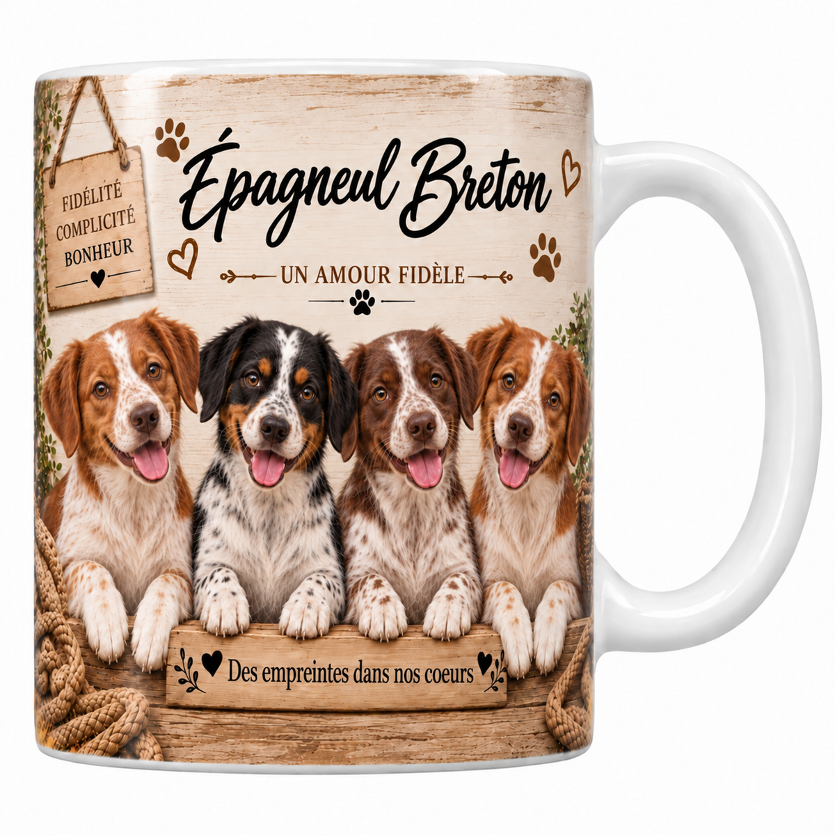 Mug blanc Épagneul breton aquarelle : quatre chiens blanc et orange aux oreilles courtes derrière une planche de bois gravée, pancarte Fidélité Complicité Bonheur et plaid tressé