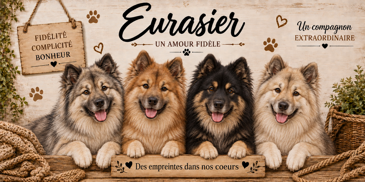 Illustration aquarelle Eurasier : quatre chiens à fourrure épaisse fauve, grise et noire, oreilles dressées triangulaires et queue enroulée sur le dos, alignés derrière une planche de bois gravée Des empreintes dans nos coeurs, une pancarte suspendue à une corde portant Fidélité Complicité Bonheur, le nom de la race en cursive noire, des empreintes et des coeurs bruns, un plaid tressé, un panier d'osier et du feuillage sur fond de bois clair