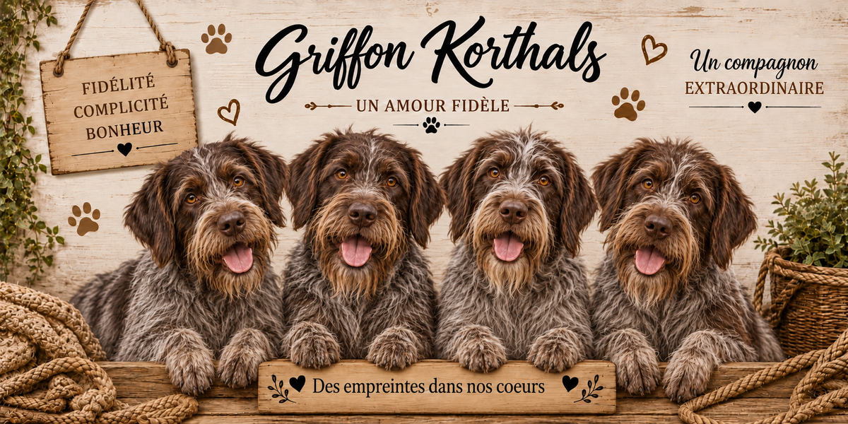 Illustration aquarelle Griffon Korthals : quatre chiens au poil dur ébouriffé gris acier et marron, moustaches et sourcils broussailleux, oreilles tombantes, alignés derrière une planche de bois gravée Des empreintes dans nos coeurs, une pancarte suspendue à une corde portant Fidélité Complicité Bonheur, le nom de la race en cursive noire, des empreintes et des coeurs bruns, un plaid tressé et du feuillage sur fond de bois clair