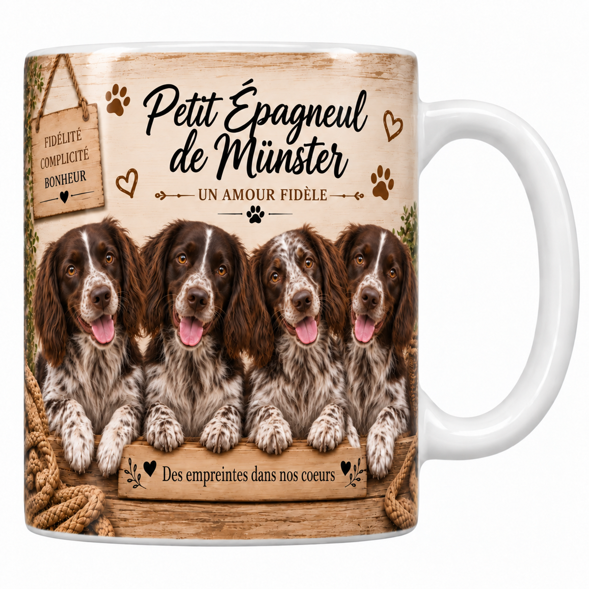 Mug blanc Petit épagneul de Münster aquarelle : quatre chiens blanc et brun truités aux oreilles frangées derrière une planche de bois gravée, pancarte Fidélité Complicité Bonheur et panier d'osier