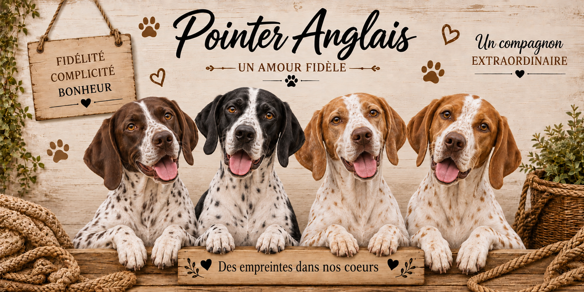 Illustration aquarelle Pointer anglais : quatre chiens à robe blanche tachetée de citron et de foie, museau carré, oreilles fines tombantes et silhouette sèche, alignés derrière une planche de bois gravée Des empreintes dans nos coeurs, une pancarte suspendue à une corde portant Fidélité Complicité Bonheur, le nom de la race en cursive noire, des empreintes et des coeurs bruns, un plaid tressé et du feuillage sur fond de bois clair