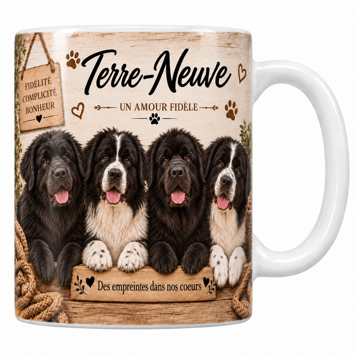Mug blanc Terre-Neuve aquarelle : quatre chiens noirs et noir et blanc à la tête massive derrière une planche de bois gravée, pancarte Fidélité Complicité Bonheur et plaid tressé