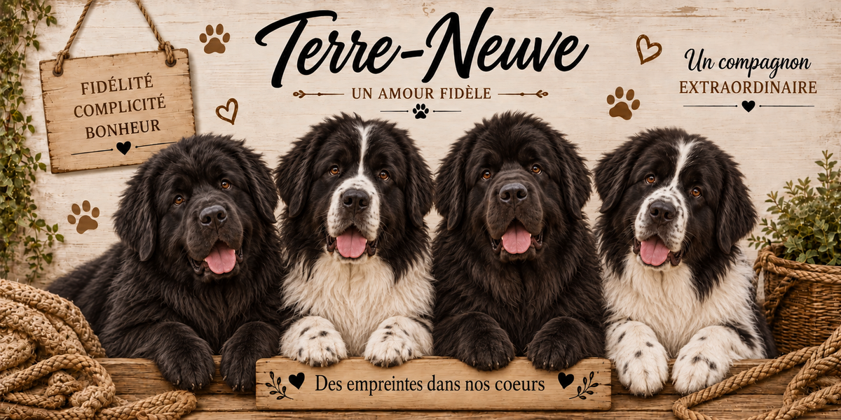 Illustration aquarelle Terre-Neuve : quatre chiens à fourrure épaisse noire et noir et blanc, tête massive, oreilles tombantes et poitrail très large, alignés derrière une planche de bois gravée Des empreintes dans nos coeurs, une pancarte suspendue à une corde portant Fidélité Complicité Bonheur, le nom de la race en cursive noire, des empreintes et des coeurs bruns, un plaid tressé et du feuillage sur fond de bois clair