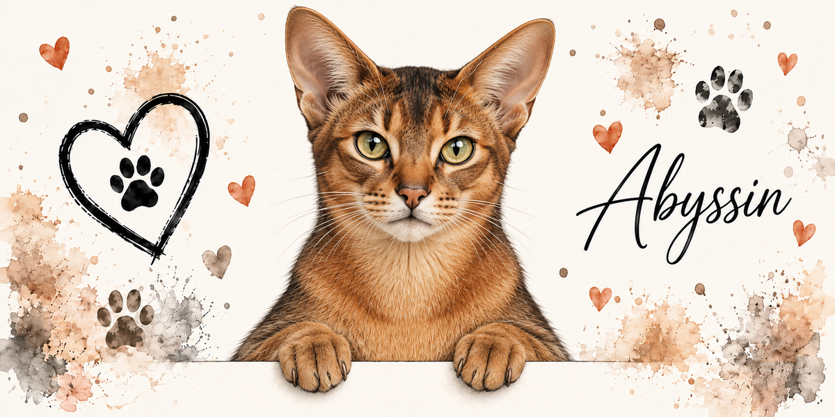 Illustration d'un abyssin à la robe tiquetée roux sorrel, aux grandes oreilles dressées et aux yeux verts cerclés de noir en buste, accoudé à une bordure claire sur fond crème éclaboussé d'aquarelle beige et orangée, un coeur tracé au trait noir renfermant une empreinte, des empreintes de pattes, de petits coeurs orange et le nom de la race en cursive noire à droite