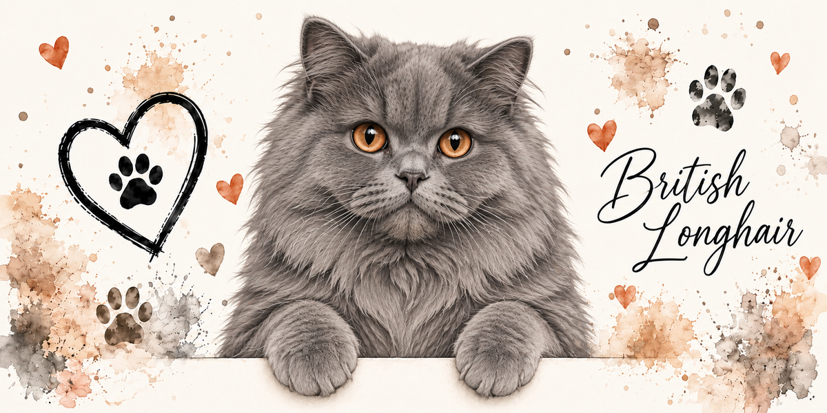 Illustration d'un british longhair à la fourrure gris-bleu épaisse, à la face ronde et aux grands yeux cuivrés en buste, accoudé à une bordure claire sur fond crème éclaboussé d'aquarelle beige et orangée, un coeur tracé au trait noir renfermant une empreinte, des empreintes de pattes, de petits coeurs orange et le nom de la race en cursive noire à droite