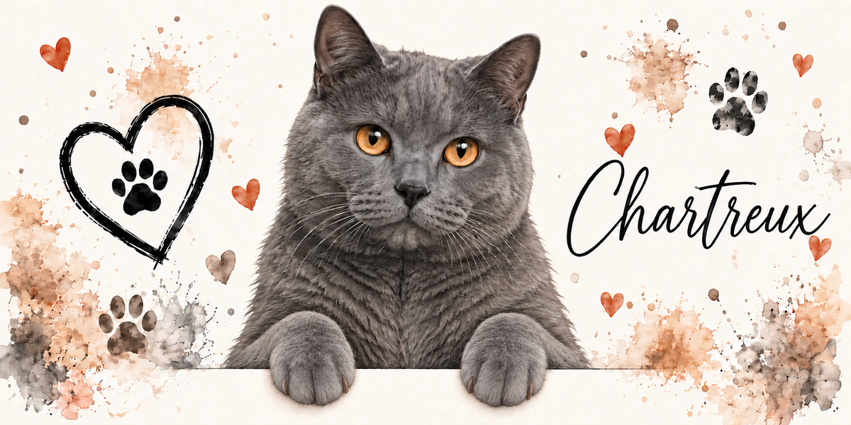 Illustration d'un chartreux à la robe bleue uniforme, à la face large et aux yeux cuivrés en buste, accoudé à une bordure claire sur fond crème éclaboussé d'aquarelle beige et orangée, un coeur tracé au trait noir renfermant une empreinte, des empreintes de pattes, de petits coeurs orange et le nom de la race en cursive noire à droite