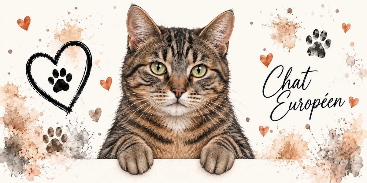 Illustration d'un chat européen à la robe tigrée brune, au poitrail clair et aux yeux verts en buste, accoudé à une bordure claire sur fond crème éclaboussé d'aquarelle beige et orangée, un coeur tracé au trait noir renfermant une empreinte, des empreintes de pattes, de petits coeurs orange et le nom en cursive noire à droite