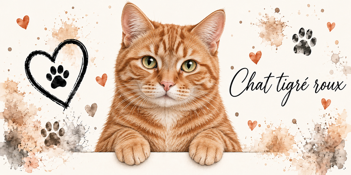 Illustration d'un chat tigré roux aux rayures orangées, au museau clair et aux yeux dorés en buste, accoudé à une bordure claire sur fond crème éclaboussé d'aquarelle beige et orangée, un coeur tracé au trait noir renfermant une empreinte, des empreintes de pattes, de petits coeurs orange et le nom en cursive noire à droite