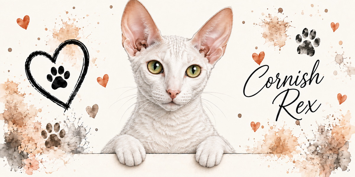 Illustration d'un cornish rex au poil blanc court et ondulé, aux oreilles immenses et au museau fin en buste, accoudé à une bordure claire sur fond crème éclaboussé d'aquarelle beige et orangée, un coeur tracé au trait noir renfermant une empreinte, des empreintes de pattes, de petits coeurs orange et le nom en cursive noire à droite