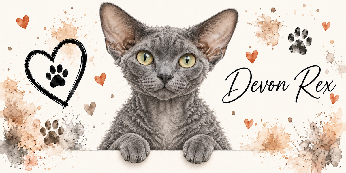Illustration d'un devon rex gris au poil court bouclé, aux oreilles très basses et larges et aux grands yeux clairs en buste, accoudé à une bordure claire sur fond crème éclaboussé d'aquarelle beige et orangée, un coeur tracé au trait noir renfermant une empreinte, des empreintes de pattes, de petits coeurs orange et le nom en cursive noire à droite