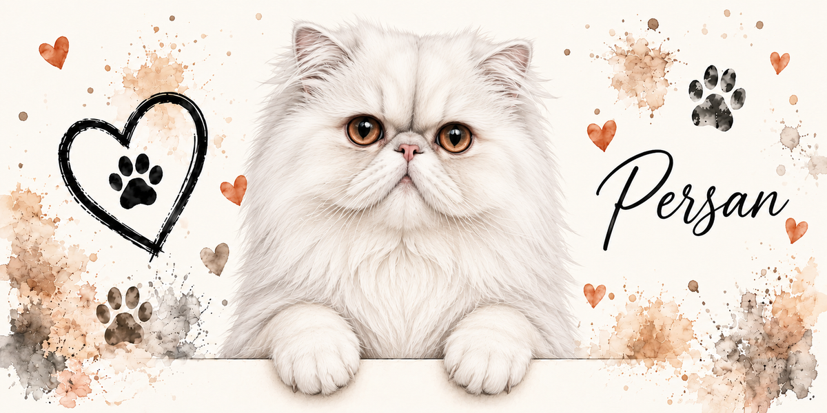 Illustration d'un persan blanc au poil long et fourni, à la face large et aux grands yeux cuivrés en buste, accoudé à une bordure claire sur fond crème éclaboussé d'aquarelle beige et orangée, un coeur tracé au trait noir renfermant une empreinte, des empreintes de pattes, de petits coeurs orange et le nom en cursive noire à droite