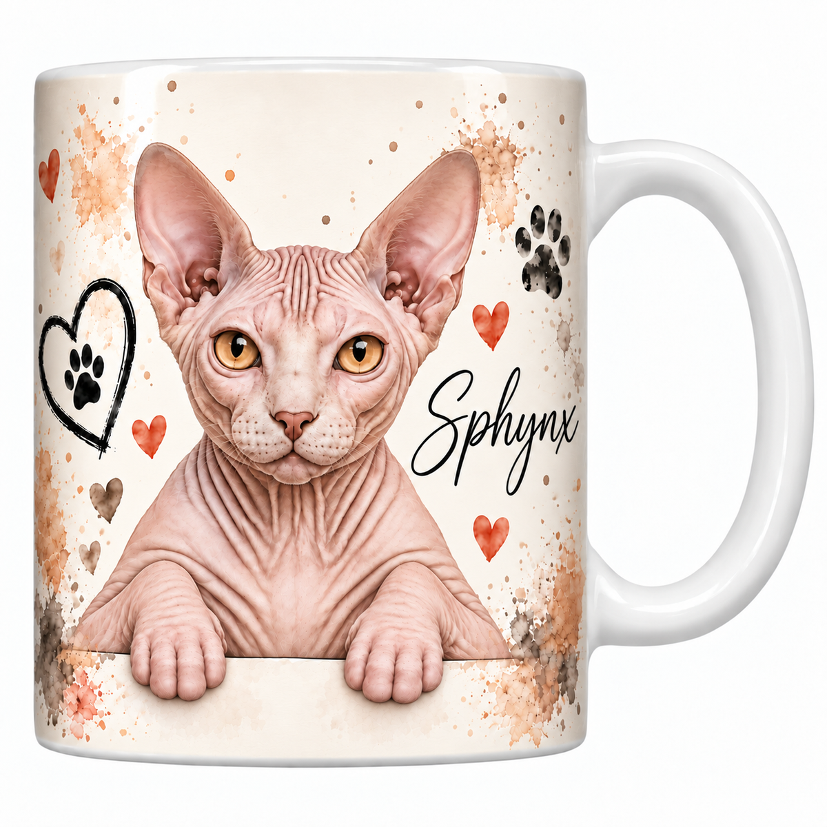 Mug blanc céramique imprimé d'un sphynx à la peau rosée plissée et aux grandes oreilles droites en buste sur fond crème éclaboussé d'aquarelle, coeur au trait, empreintes de pattes et nom en cursive noire