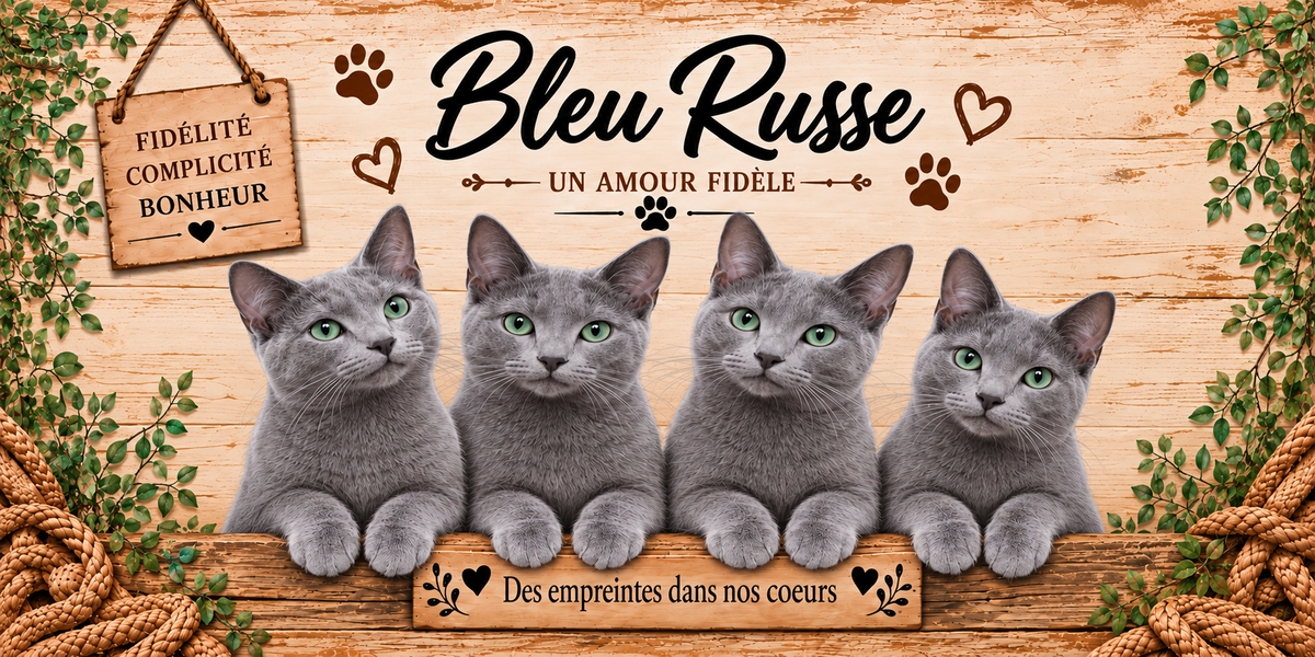 Illustration de quatre bleus russes à la fourrure gris-bleu dense, au museau fin et aux yeux verts alignés derrière une planche de bois gravée Des empreintes dans nos coeurs, une pancarte suspendue à une corde portant Fidélité Complicité Bonheur, le nom en cursive noire surmontant la mention Un amour fidèle, des empreintes de pattes et des coeurs bruns, sur fond de planches claires, avec un cordage et du feuillage