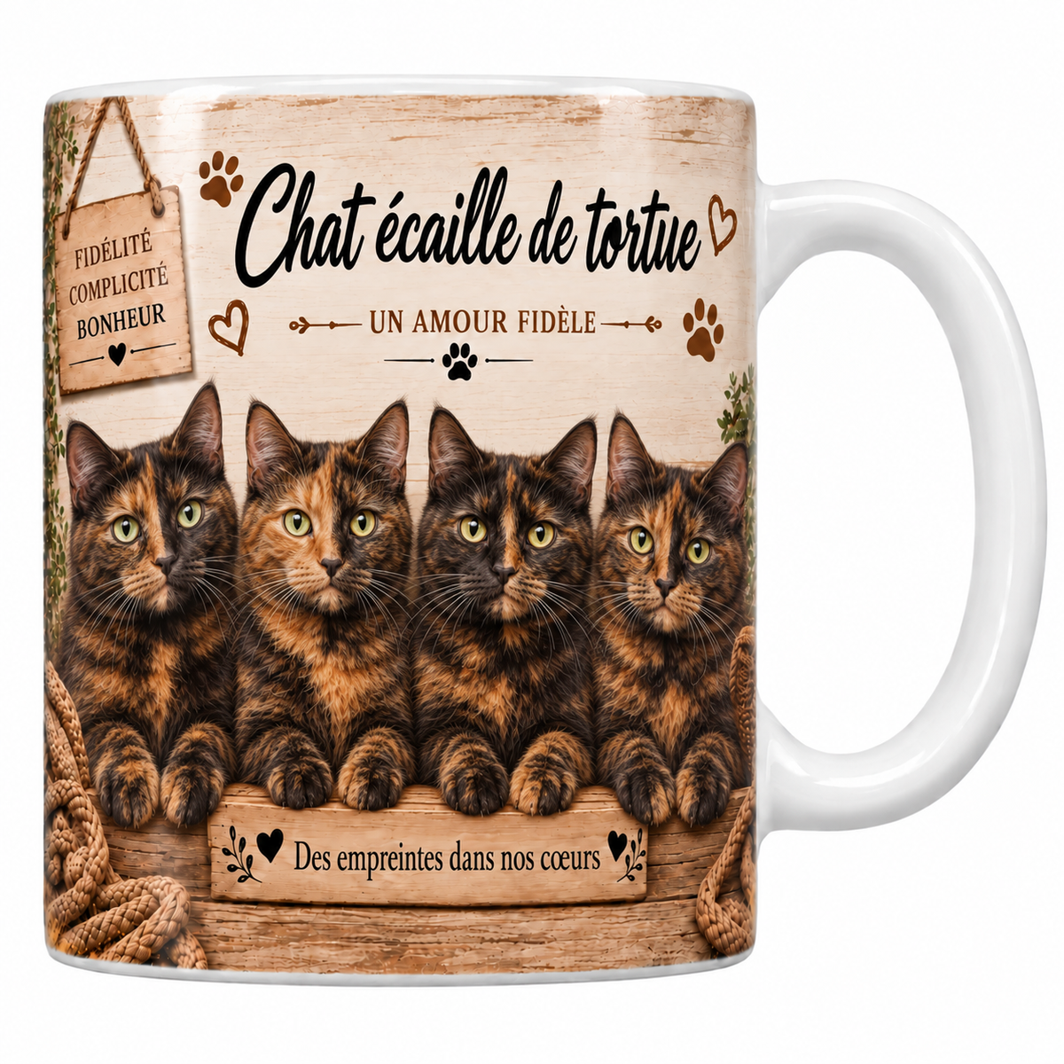 Mug blanc céramique imprimé de quatre chattes écaille de tortue aux plages noires et rousses entremêlées alignées derrière une planche de bois gravée Des empreintes dans nos coeurs, pancarte Fidélité Complicité Bonheur et nom en cursive