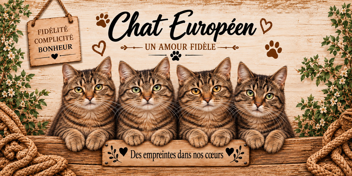 Illustration de quatre chats européens à la robe tigrée brune, au poitrail clair et aux yeux verts alignés derrière une planche de bois gravée Des empreintes dans nos coeurs, une pancarte suspendue à une corde portant Fidélité Complicité Bonheur, le nom en cursive noire surmontant la mention Un amour fidèle, des empreintes de pattes et des coeurs bruns, sur fond de planches claires, avec un cordage et de petites fleurs blanches