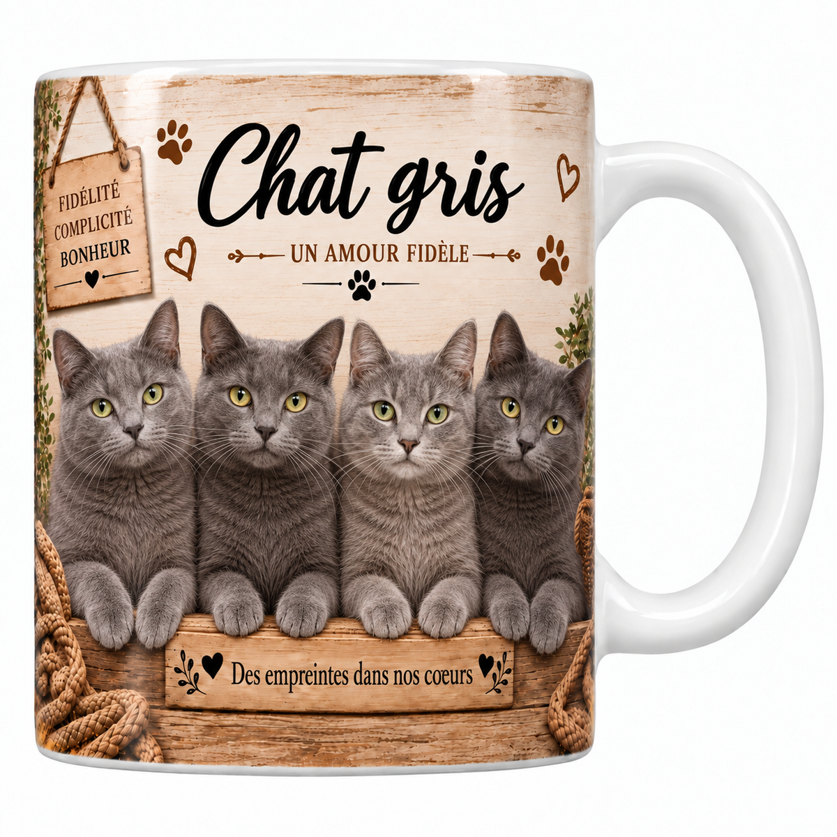 Mug blanc céramique imprimé de quatre chats gris au poil court uniforme, du plus clair au plus foncé alignés derrière une planche de bois gravée Des empreintes dans nos coeurs, pancarte Fidélité Complicité Bonheur et nom en cursive