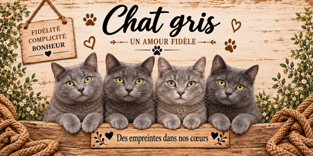 Illustration de quatre chats gris au poil court uniforme, du plus clair au plus foncé, aux yeux verts et dorés alignés derrière une planche de bois gravée Des empreintes dans nos coeurs, une pancarte suspendue à une corde portant Fidélité Complicité Bonheur, le nom en cursive noire surmontant la mention Un amour fidèle, des empreintes de pattes et des coeurs bruns, sur fond de planches claires, avec un cordage et de petites fleurs
