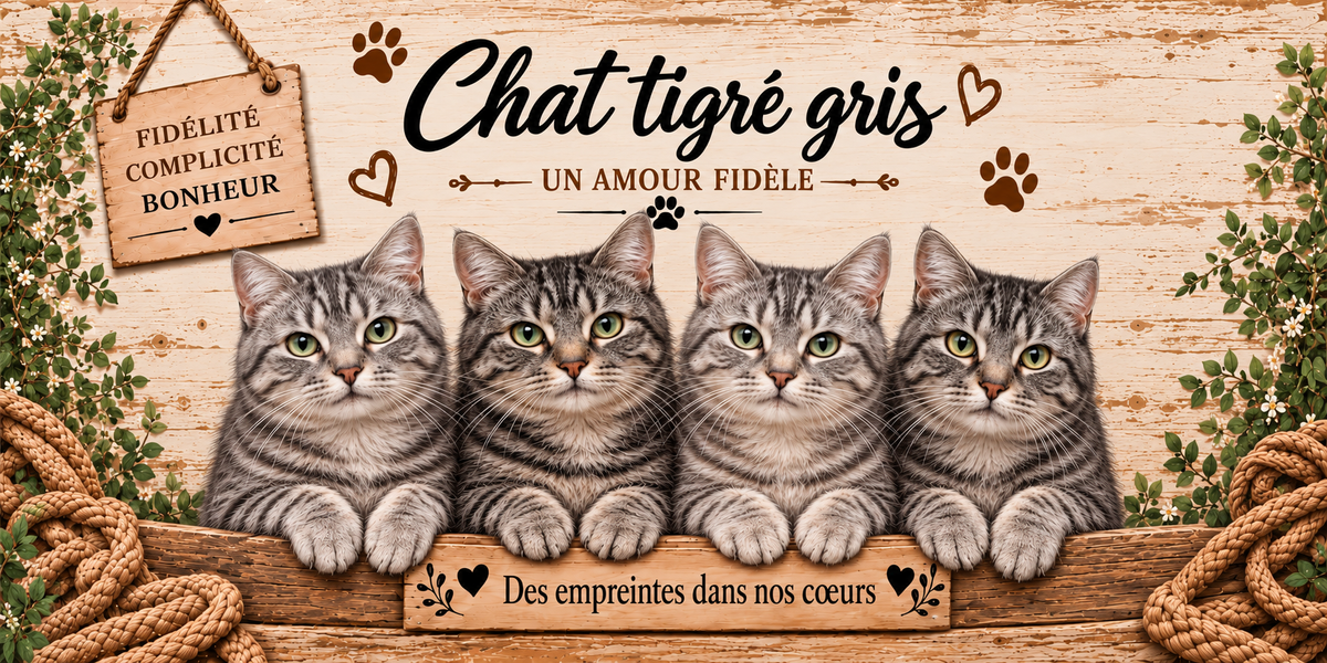 Illustration de quatre chats tigrés gris aux rayures sombres bien dessinées, au poitrail clair et aux yeux verts alignés derrière une planche de bois gravée Des empreintes dans nos coeurs, une pancarte suspendue à une corde portant Fidélité Complicité Bonheur, le nom en cursive noire surmontant la mention Un amour fidèle, des empreintes de pattes et des coeurs bruns, sur fond de planches claires, avec un cordage et de petites fleurs
