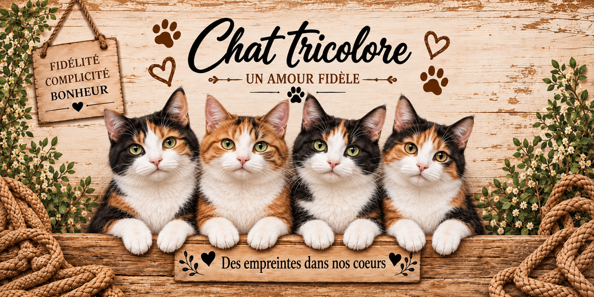 Illustration de quatre chattes tricolores aux taches noires et rousses nettes sur fond blanc, au museau rosé et aux yeux dorés alignées derrière une planche de bois gravée Des empreintes dans nos coeurs, une pancarte suspendue à une corde portant Fidélité Complicité Bonheur, le nom en cursive noire surmontant la mention Un amour fidèle, des empreintes de pattes et des coeurs bruns, sur fond de planches claires, avec un cordage et du feuillage