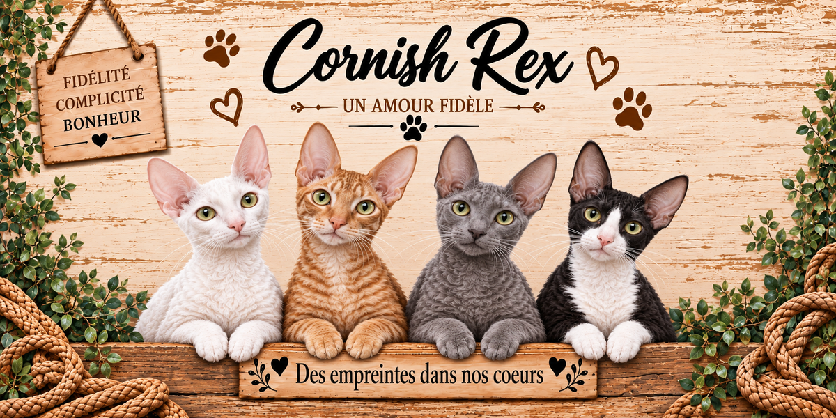 Illustration de quatre cornish rex au poil court ondulé blanc, roux, gris et bicolore, aux oreilles immenses et au museau fin alignés derrière une planche de bois gravée Des empreintes dans nos coeurs, une pancarte suspendue à une corde portant Fidélité Complicité Bonheur, le nom de la race en cursive noire surmontant la mention Un amour fidèle, des empreintes de pattes et des coeurs bruns, sur fond de planches claires, avec du feuillage et un cordage