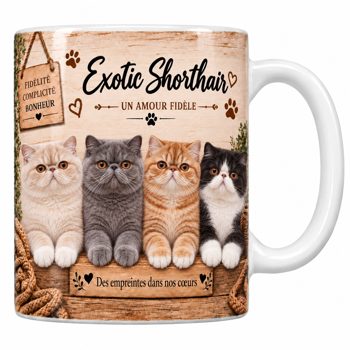 Mug blanc céramique imprimé de quatre exotic shorthairs au poil court et dense crème, gris, roux et bicolore alignés derrière une planche de bois gravée Des empreintes dans nos coeurs, pancarte Fidélité Complicité Bonheur et nom de la race en cursive