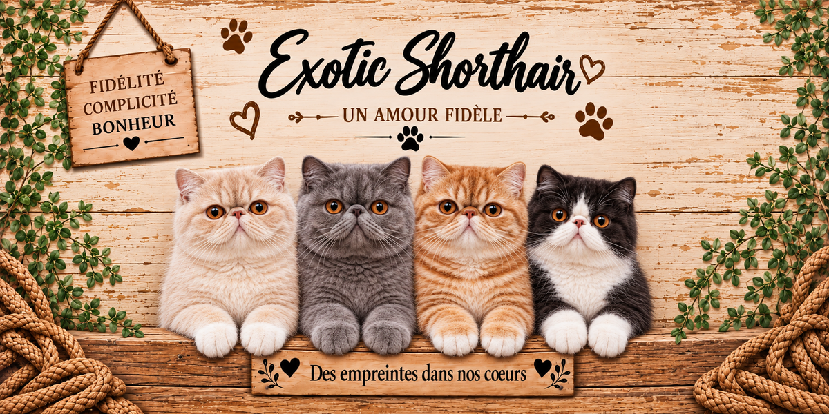 Illustration de quatre exotic shorthairs au poil court et dense crème, gris, roux et bicolore, à la face plate et aux grands yeux cuivrés alignés derrière une planche de bois gravée Des empreintes dans nos coeurs, une pancarte suspendue à une corde portant Fidélité Complicité Bonheur, le nom de la race en cursive noire surmontant la mention Un amour fidèle, des empreintes de pattes et des coeurs bruns, sur fond de planches claires, avec un cordage et un panier d'osier
