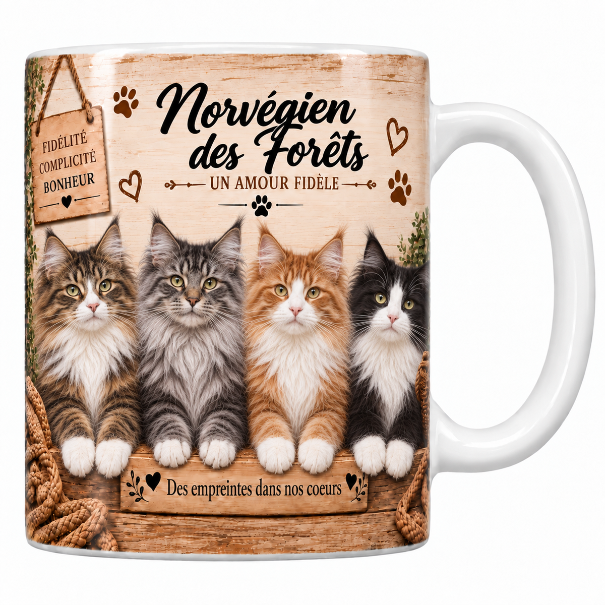 Mug blanc céramique imprimé de quatre norvégiens des forêts au poil mi-long tigré, gris, roux et bicolore alignés derrière une planche de bois gravée Des empreintes dans nos coeurs, pancarte Fidélité Complicité Bonheur et nom de la race en cursive