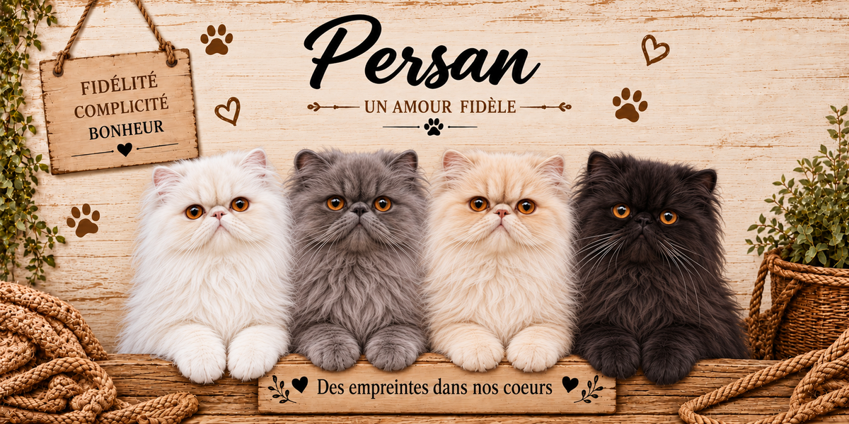 Illustration de quatre persans au poil long et fourni crème, gris, roux et noir, à la face large et aux grands yeux cuivrés alignés derrière une planche de bois gravée Des empreintes dans nos coeurs, une pancarte suspendue à une corde portant Fidélité Complicité Bonheur, le nom de la race en cursive noire surmontant la mention Un amour fidèle, des empreintes de pattes et des coeurs bruns, sur fond de planches claires, avec un cordage et un panier d'osier