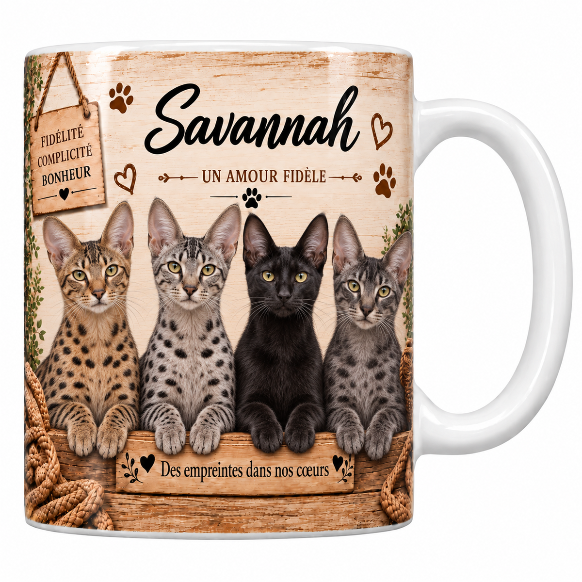 Mug blanc céramique imprimé de quatre savannahs à la robe tachetée fauve, dorée, grise et sombre alignés derrière une planche de bois gravée Des empreintes dans nos coeurs, pancarte Fidélité Complicité Bonheur et nom de la race en cursive