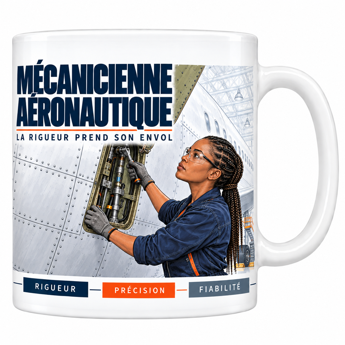 Mug céramique blanc Mécanicienne Aéronautique : la mécanicienne aux tresses, lunettes de protection, sur une trappe ouverte du fuselage d'un avion de ligne, hangar de maintenance, devise La rigueur prend son envol