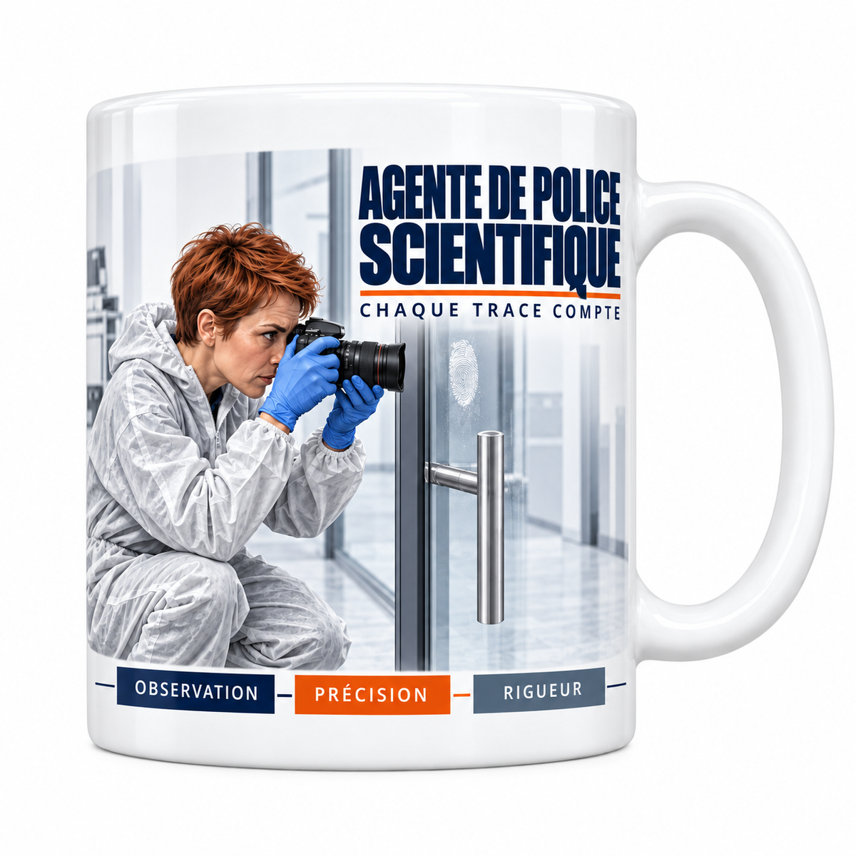 Mug céramique blanc Agente de Police Scientifique : l'agente rousse en combinaison blanche à capuche et gants bleus, devise Chaque trace compte, cartouches Observation, Précision, Rigueur