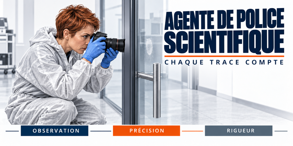 Design du mug Agente de Police Scientifique : titre en capitales bleu marine, l'agente rousse en combinaison blanche à capuche et gants bleus, accroupie, qui photographie au reflex une trace sur une porte vitrée, le laboratoire en arrière-plan, cartouches Observation, Précision, Rigueur