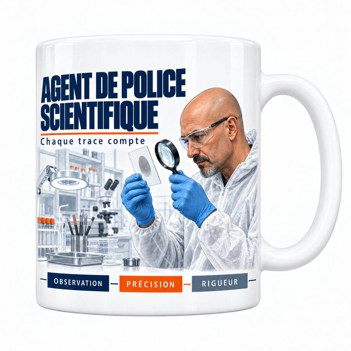 Mug céramique blanc Agent de Police Scientifique : l'agent en combinaison blanche, devise Chaque trace compte, cartouches Observation, Précision, Rigueur