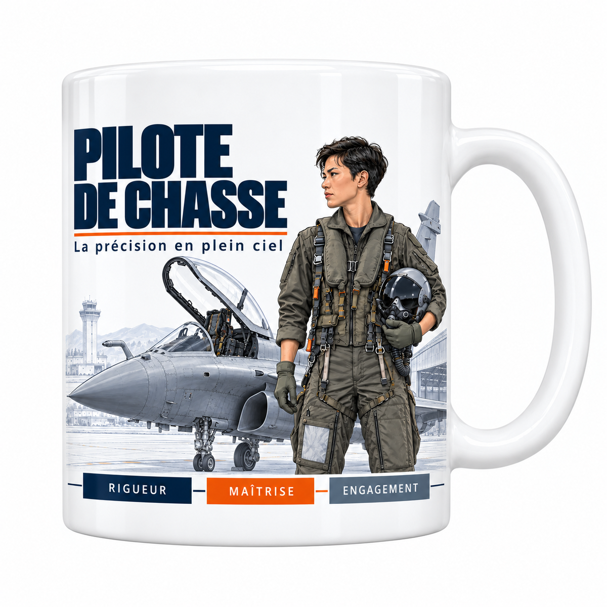 Mug céramique blanc Pilote de Chasse : pilote en combinaison de vol kaki, casque sous le bras, devant un avion de chasse gris verrière ouverte, devise La précision en plein ciel