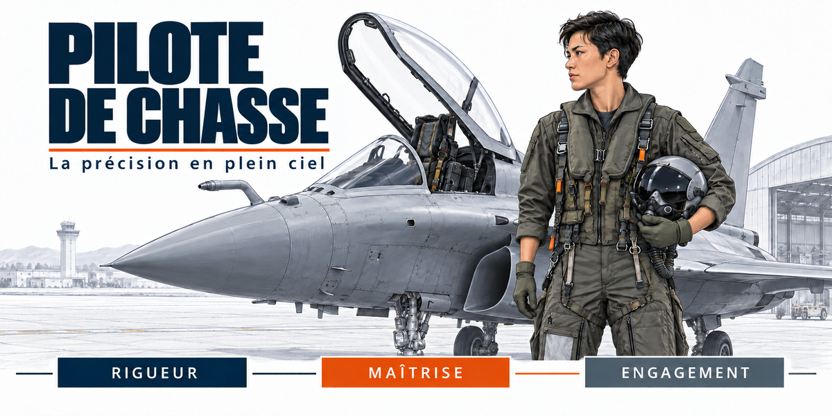 Design du mug Pilote de Chasse : titre en capitales bleu marine, pilote en combinaison de vol devant un avion de chasse, tour de contrôle et hangar, cartouches Rigueur, Maîtrise, Engagement